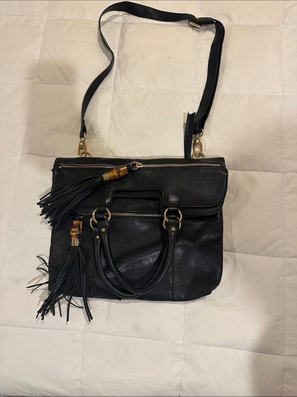 Sorial Black Leather Satchel with Tassels and Gold Hardware